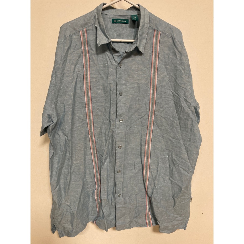 Cubavera Mens XL Light Blue Short Sleeve Button Down Striped Linen Blend Shirt